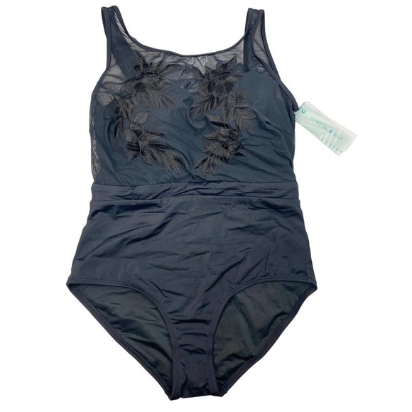 NEW Coastal Blue One Piece Black Floral Mesh Top Tummy Control swim Suit M - Picture 1 of 7